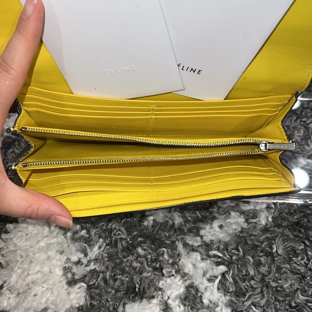 Authentic CELINE Calfskin Leather Souris Gray Yellow Large Flap Long Wallet - Picture 7 of 16
